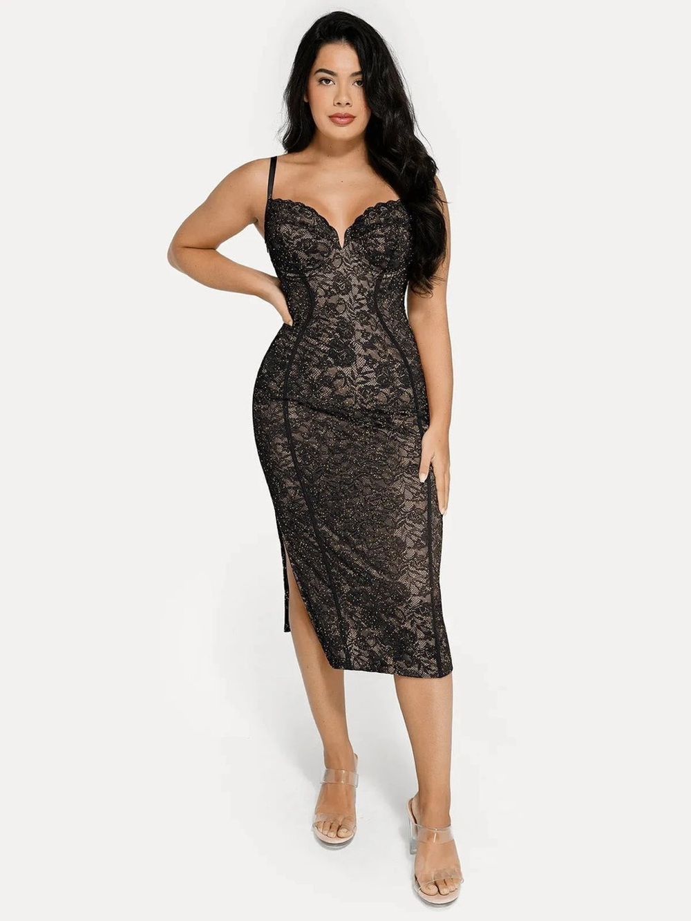 Shapewear All-Lace Hourglass Corset Side Slit Midi Dress